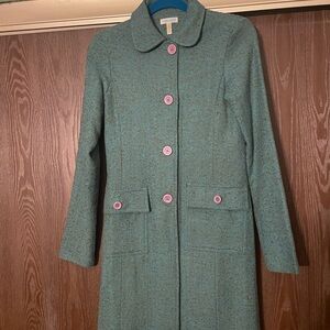 Susina Teal Trench Coat with Pink Buttons